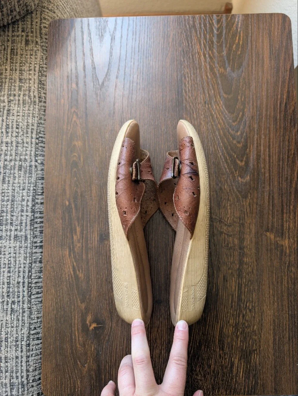 Vtg 80s Revelations Brown Leather Buckle Slide Wedge Sandals